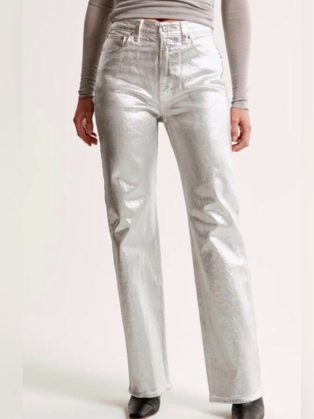 Abercrombie & Fitch Size 2L Metallic Silver High-Rise Jeans, 90s Relaxed, NWT